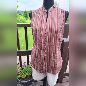 Button Up Linen Blend Striped Tank Top With Beads By hearts Of Palm